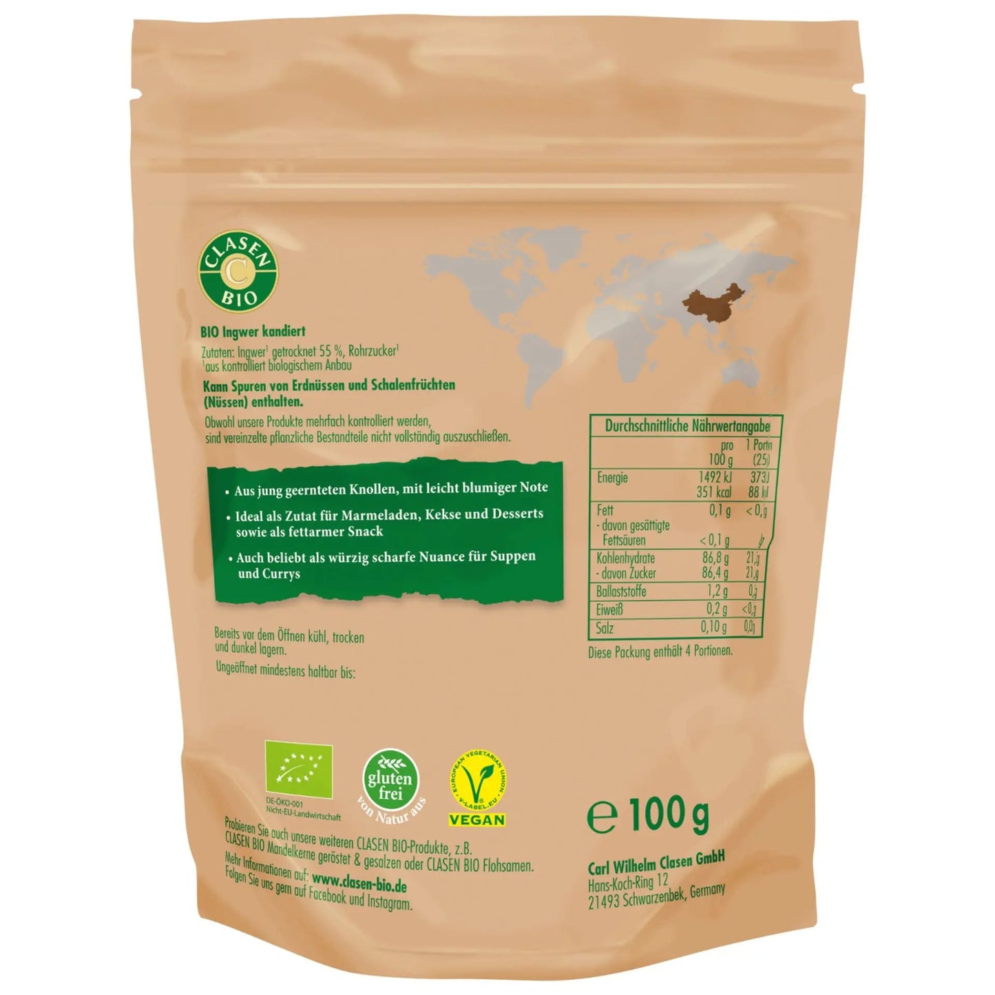 Rückseite der Verpackung Bio-Ingwerstäbchen 100 g von CLASEN BIO – mit Zutatenliste, Nährwertangaben und Produktinformationen