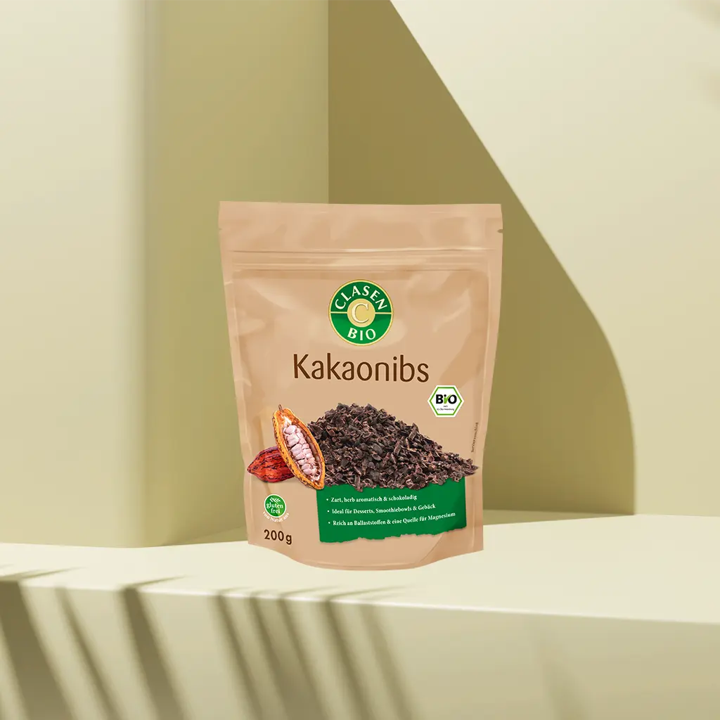 Verpackung Bio-Kakaonibs 200 g von CLASEN BIO – knackige Kakaobruchstücke für Smoothies, Müsli & Snacks in Beutel