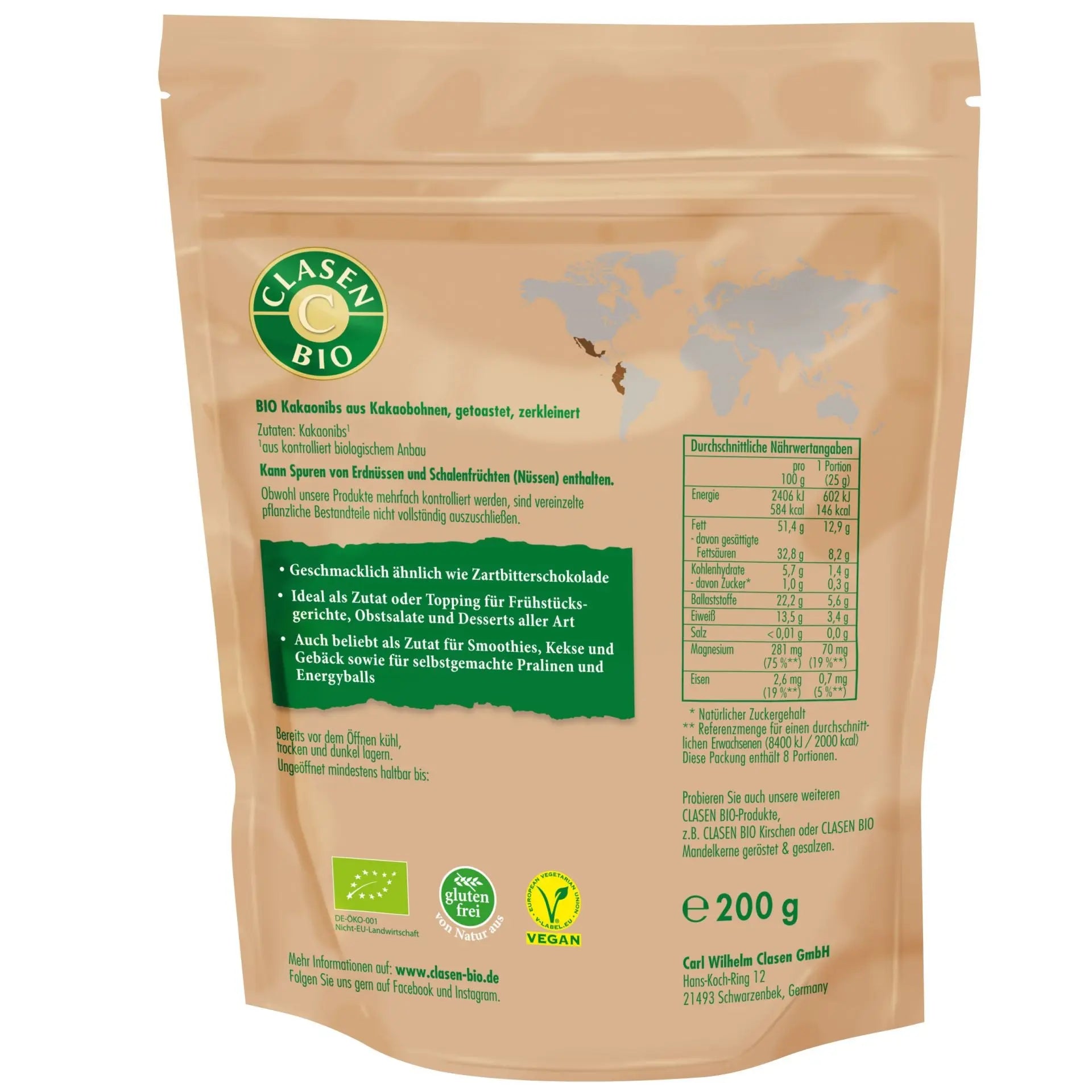 Rückseite der Verpackung Bio-Kakaonibs 200 g von CLASEN BIO – mit Zutatenliste, Nährwertangaben und Produktinformationen