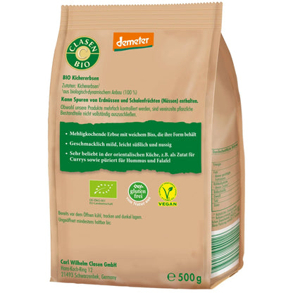Rückseite der Verpackung Bio-Kichererbsen in Demeter Qualität 500 g von CLASEN BIO – mit Zutatenliste, Nährwertangaben und Produktinformationen