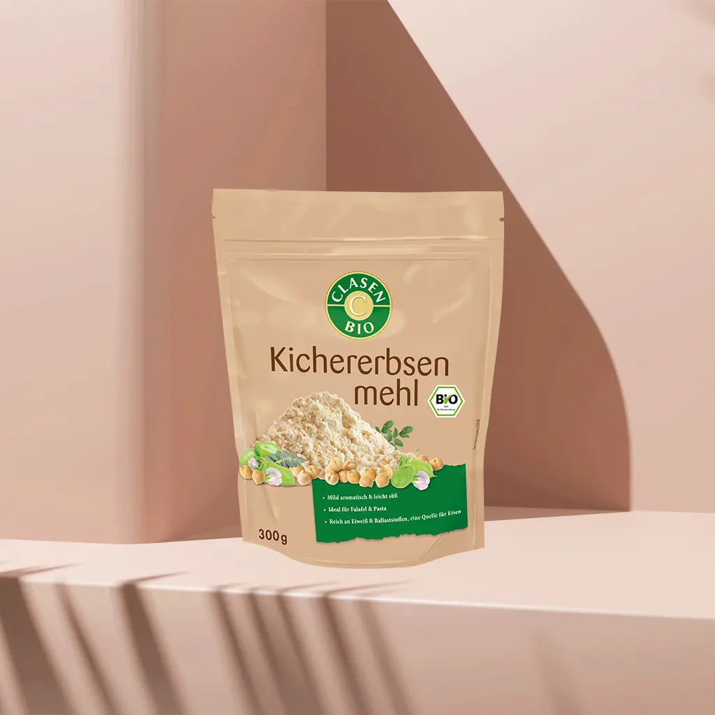 Verpackung Bio-Kichererbsenmehl 300 g von CLASEN BIO – kräftig-aromatisches Mehl aus getrockneten Kichererbsen in Beutel