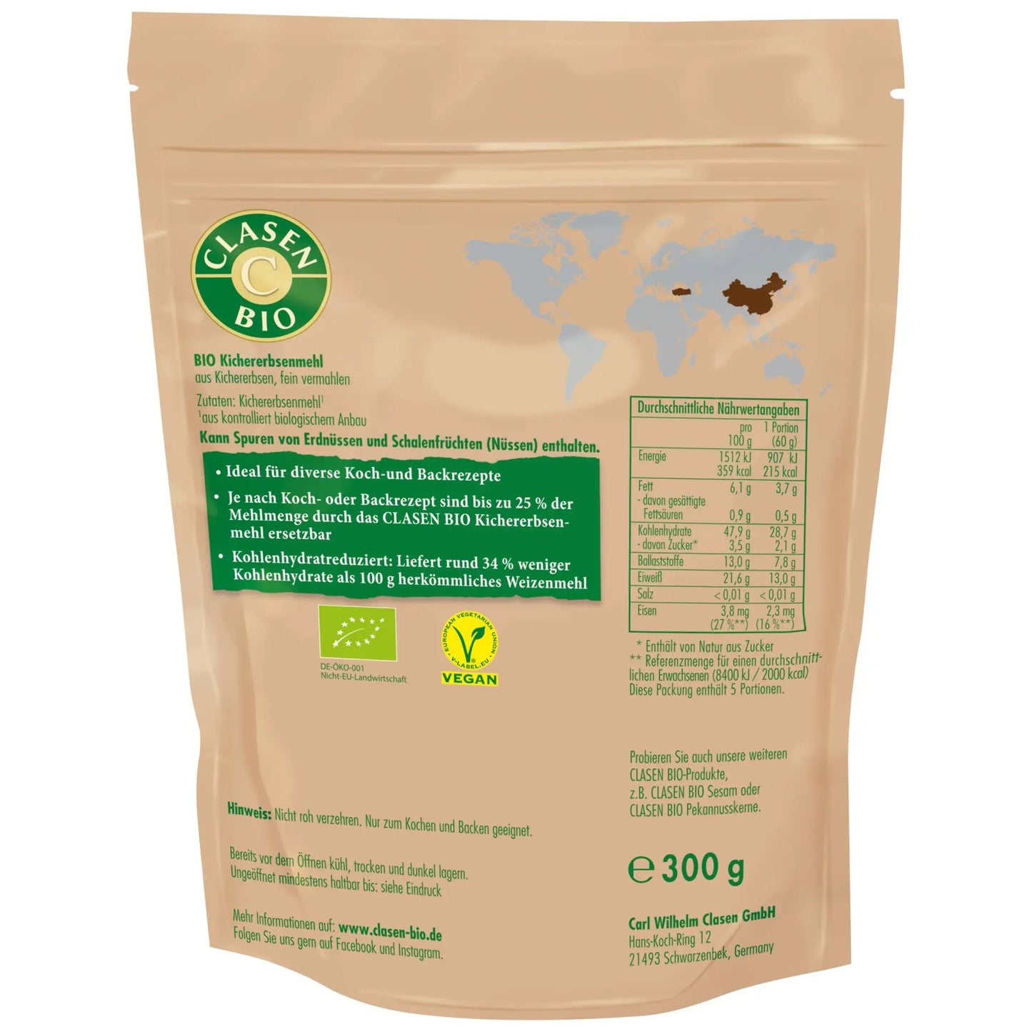 Rückseite der Verpackung Bio-Kichererbsenmehl 300 g von CLASEN BIO – mit Zutatenliste, Nährwertangaben und Produktinformationen