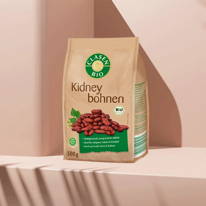 Verpackung Bio-Kidneybohnen 500 g von CLASEN BIO – rot glänzende Bohnen mit kräftigem Geschmack in Beutel