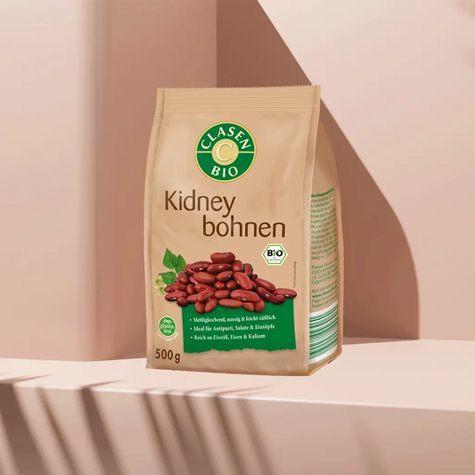 Verpackung Bio-Kidneybohnen 500 g von CLASEN BIO – rot glänzende Bohnen mit kräftigem Geschmack in Beutel