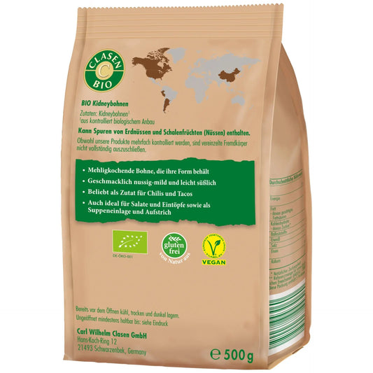 Rückseite der Verpackung Bio-Kidneybohnen 500 g von CLASEN BIO – mit Zutatenliste, Nährwertangaben und Produktinformationen