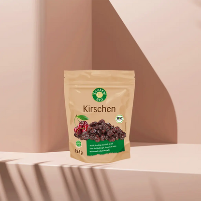Verpackung Bio-Kirschen 125 g von CLASEN BIO – getrocknete, fruchtig-säuerliche Kirschen in Beutel