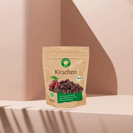 Verpackung Bio-Kirschen 125 g von CLASEN BIO – getrocknete, fruchtig-säuerliche Kirschen in Beutel