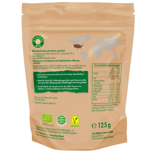 Rückseite der Verpackung Bio-Kirschen 125 g von CLASEN BIO – mit Zutatenliste, Nährwertangaben und Produktinformationen