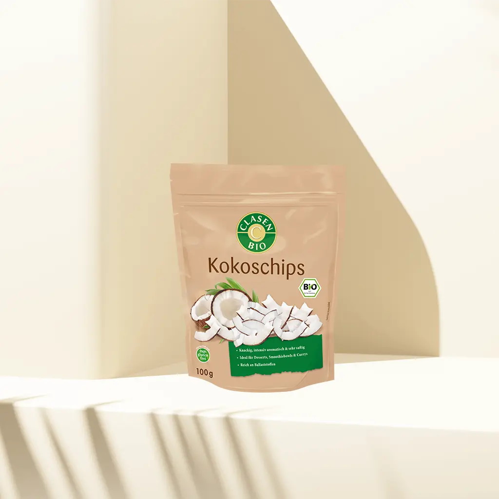 Verpackung Bio-Kokoschips 100 g von CLASEN BIO – knusprige, geröstete Kokosstreifen in Beutel