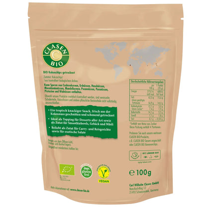 Rückseite der Verpackung Bio-Kokoschips 100 g von CLASEN BIO – mit Zutatenliste, Nährwertangaben und Produktinformationen
