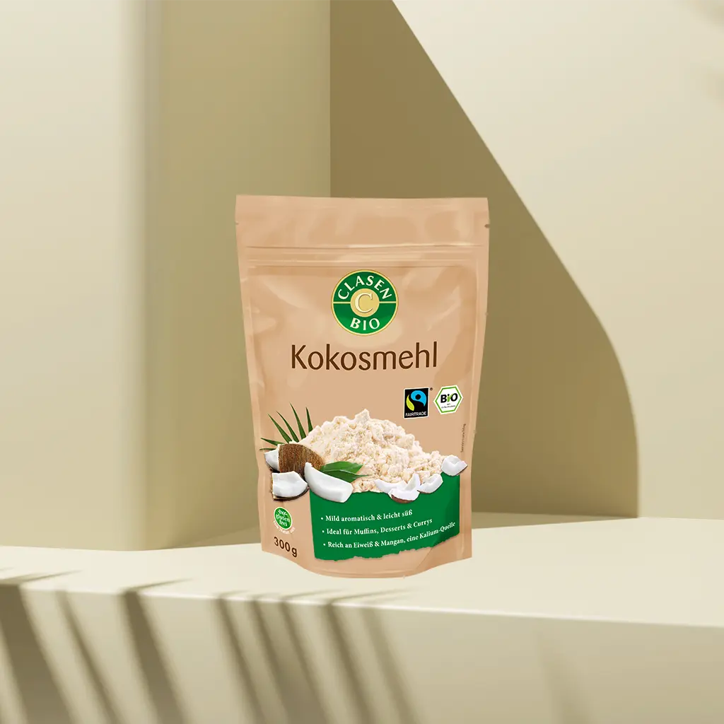 Verpackung Bio-Kokosmehl 300 g von CLASEN BIO – fein gemahlenes Mehl aus entöltem Kokosfleisch in Beutel