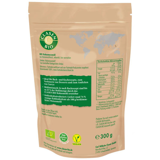 Rückseite der Verpackung Bio-Kokosmehl 300 g von CLASEN BIO – mit Zutatenliste, Nährwertangaben und Produktinformationen