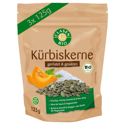 3x Bio Kürbiskerne (geröstet und gesalzen) 125 g Clasen Organic Foods