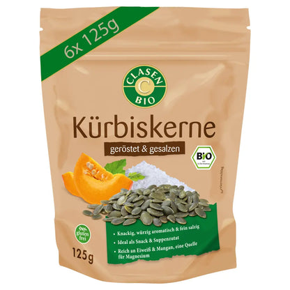 6x Bio Kürbiskerne (geröstet und gesalzen) 125 g Clasen Organic Foods