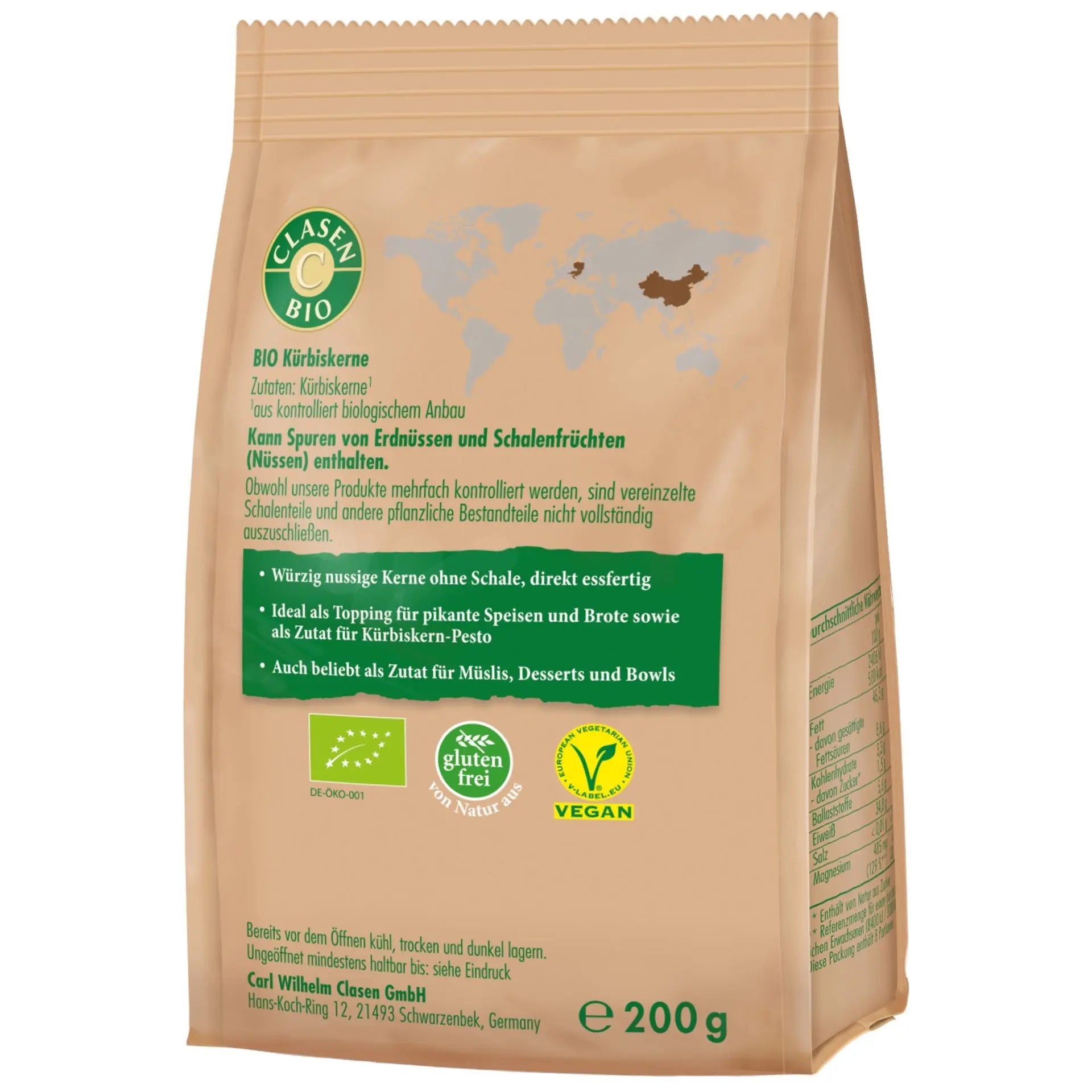 Rückseite der Verpackung Bio-Kürbiskerne 200 g von CLASEN BIO – mit Zutatenliste, Nährwertangaben und Produktinformationen