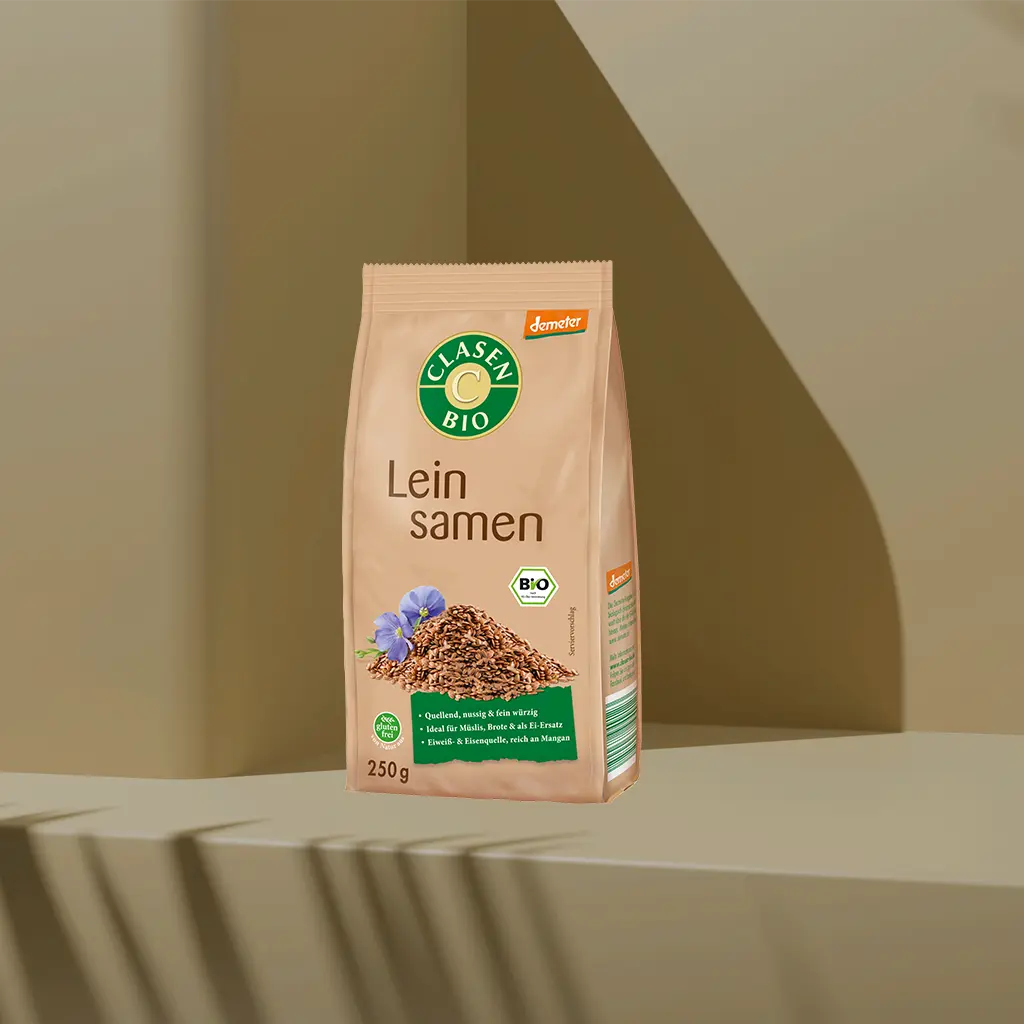 Verpackung Bio-Leinsamen ganz in Demeter Qualität 250 g von CLASEN BIO, hochwertige, naturbelassene Samen in Beutel