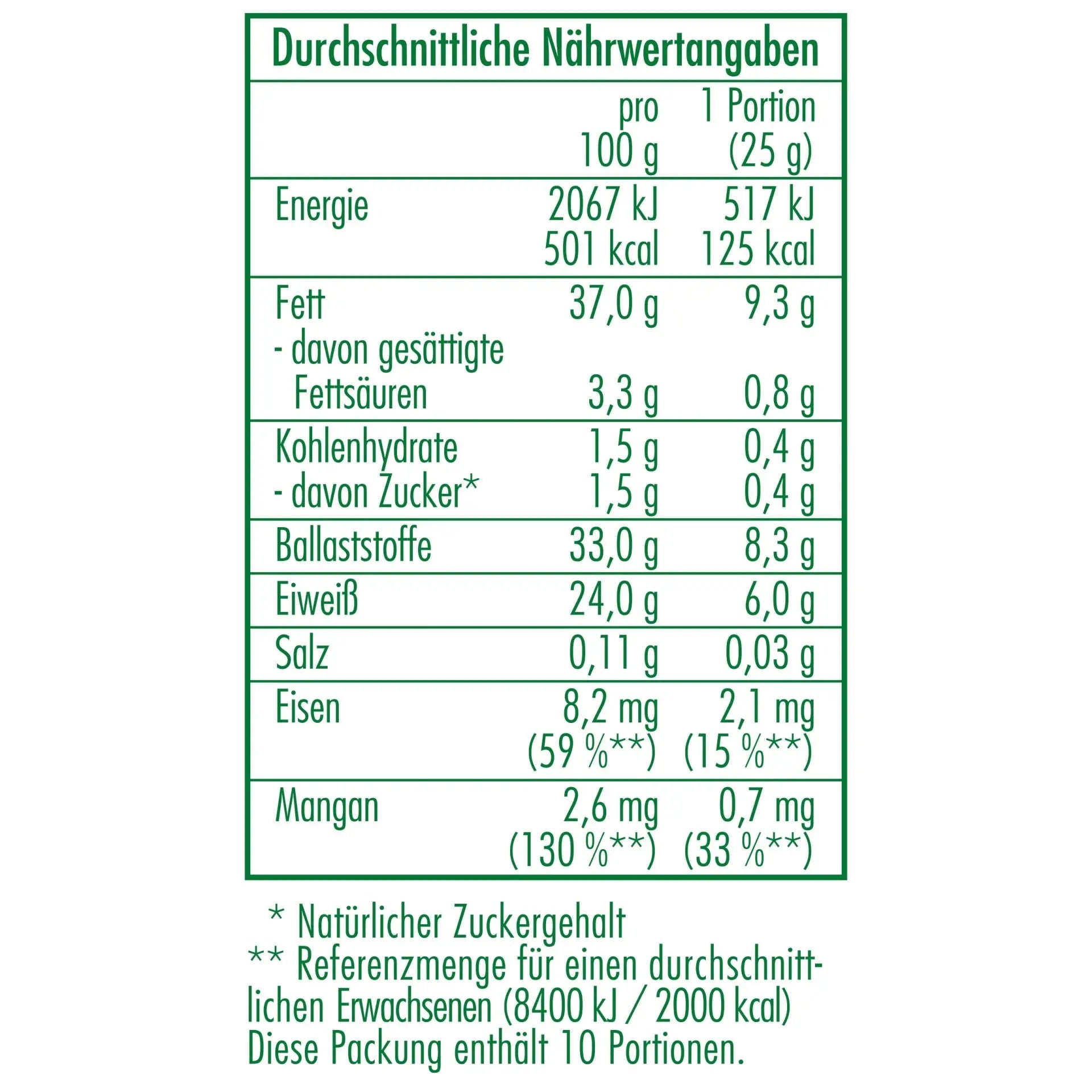 Nährwertangaben der Bio-Leinsamen ganz in Demeter Qualität 250 g von CLASEN BIO