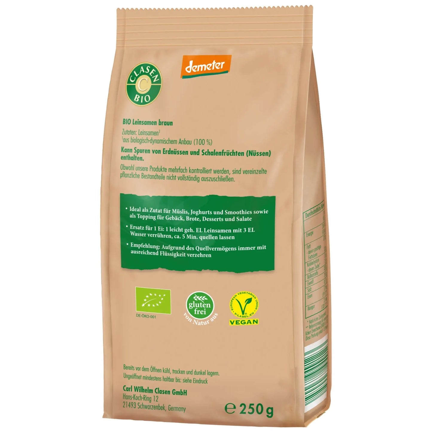 Rückseite der Verpackung Bio-Leinsamen ganz in Demeter Qualität 250 g von CLASEN BIO – mit Zutatenliste, Nährwertangaben und Produktinformationen