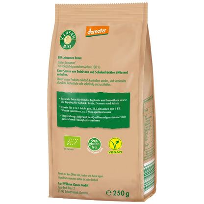 Rückseite der Verpackung Bio-Leinsamen ganz in Demeter Qualität 250 g von CLASEN BIO – mit Zutatenliste, Nährwertangaben und Produktinformationen