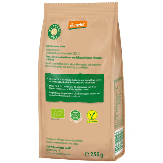 Rückseite der Verpackung Bio-Leinsamen ganz in Demeter Qualität 250 g von CLASEN BIO – mit Zutatenliste, Nährwertangaben und Produktinformationen