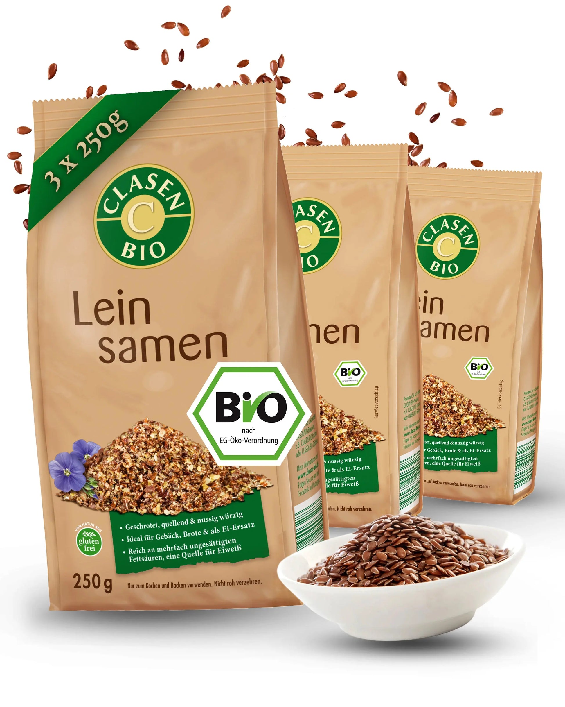 3x Bio Leinsamen (geschrotet) Clasen Bio