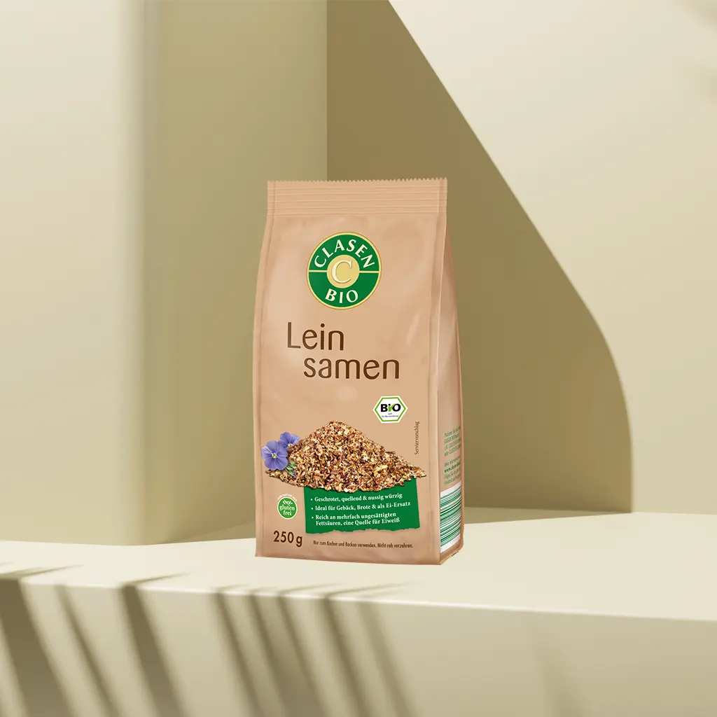 Verpackung Bio-Leinsamen geschrotet 250 g von CLASEN BIO – fein geschrotete, ballaststoffreiche Samen in Beutel