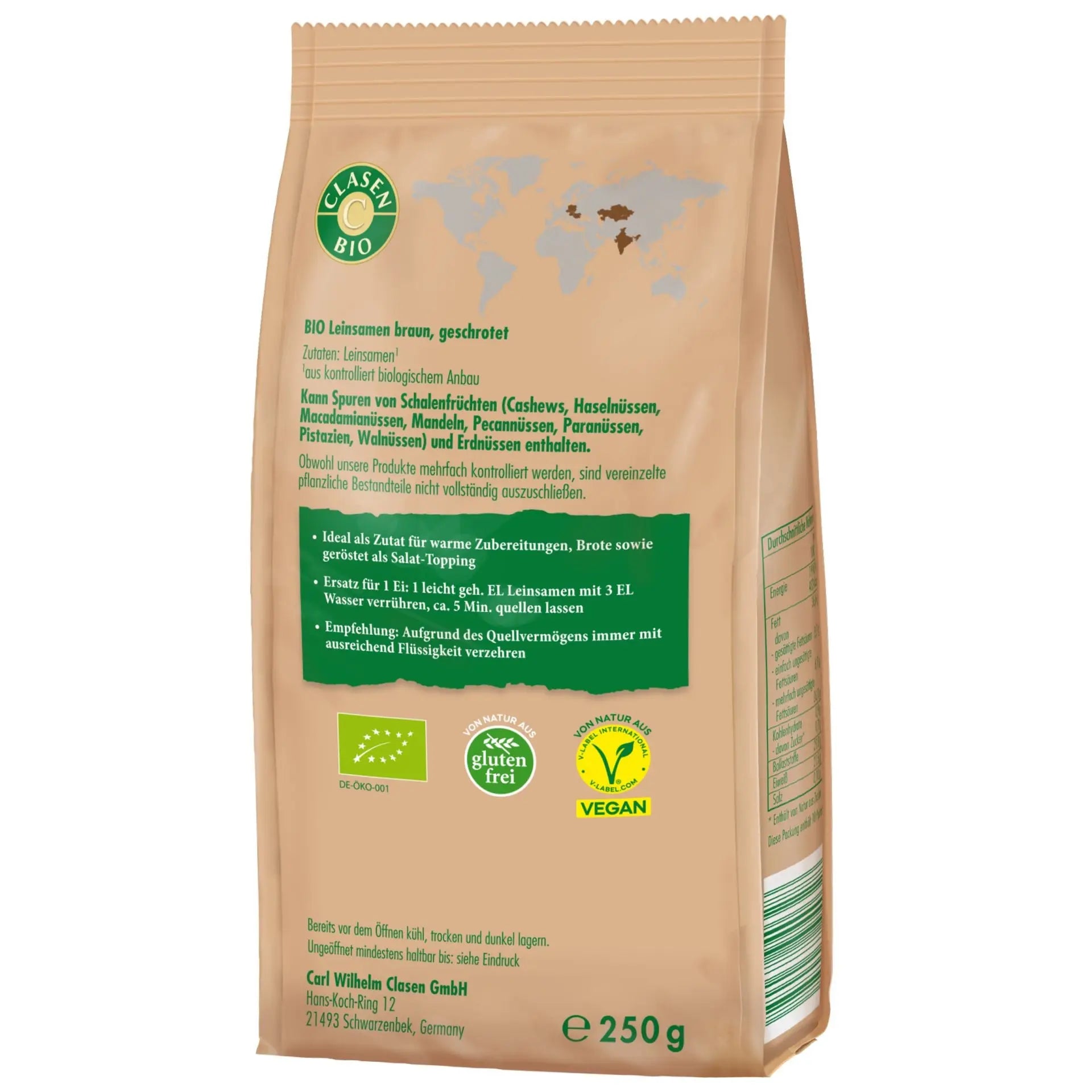 Rückseite der Verpackung Bio-Leinsamen geschrotet 250 g von CLASEN BIO – mit Zutatenliste, Nährwertangaben und Produktinformationen