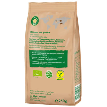 Rückseite der Verpackung Bio-Leinsamen geschrotet 250 g von CLASEN BIO – mit Zutatenliste, Nährwertangaben und Produktinformationen