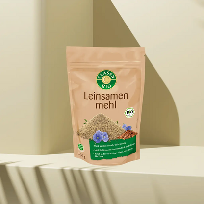 Verpackung Bio-Leinsamenmehl 300 g von CLASEN BIO – ballaststoffreiches, fein gemahlenes Leinsamenmehl in Beutel