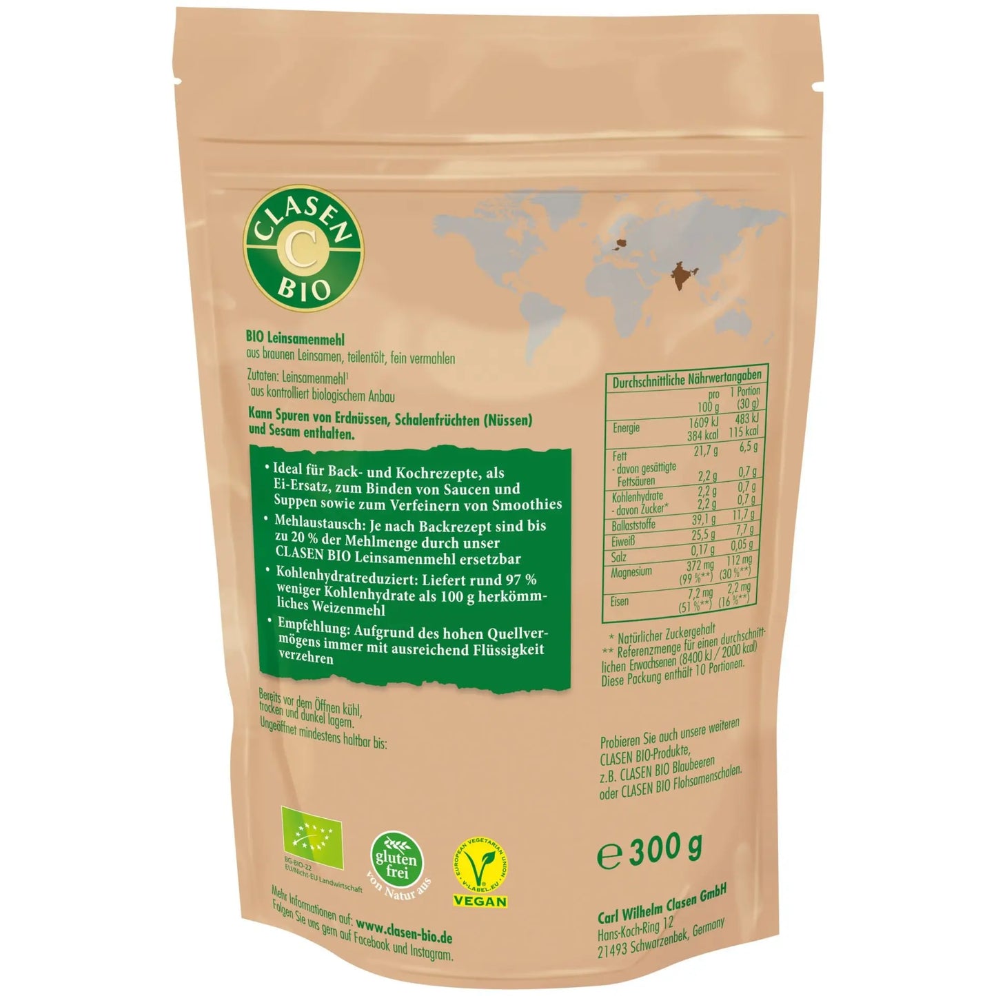 Rückseite der Verpackung Bio-Leinsamenmehl 300 g von CLASEN BIO – mit Zutatenliste, Nährwertangaben und Produktinformationen