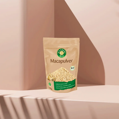 Verpackung Bio-Macapulver 150 g von CLASEN BIO – fein gemahlenes Wurzelpulver mit karamelliger Note in Beutel