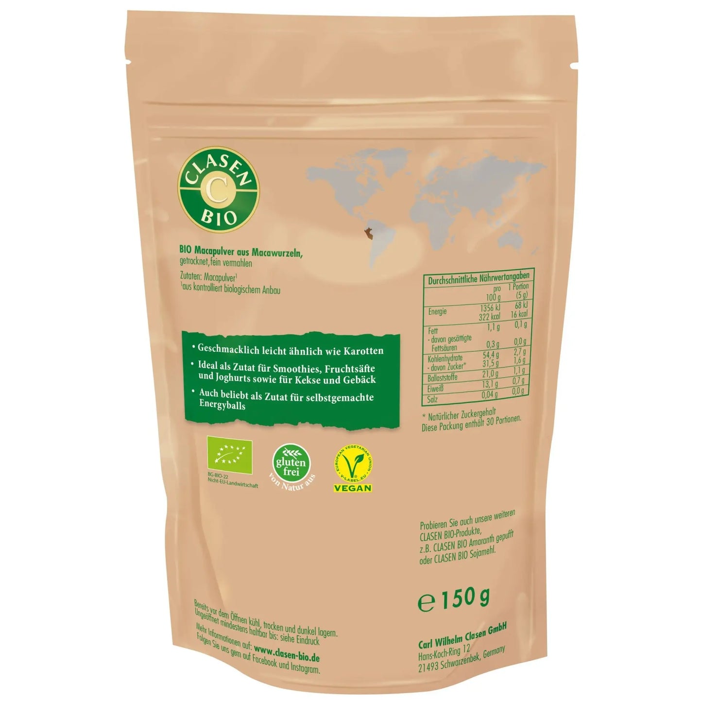 Rückseite der Verpackung Bio-Macapulver 150 g von CLASEN BIO – mit Zutatenliste, Nährwertangaben und Produktinformationen