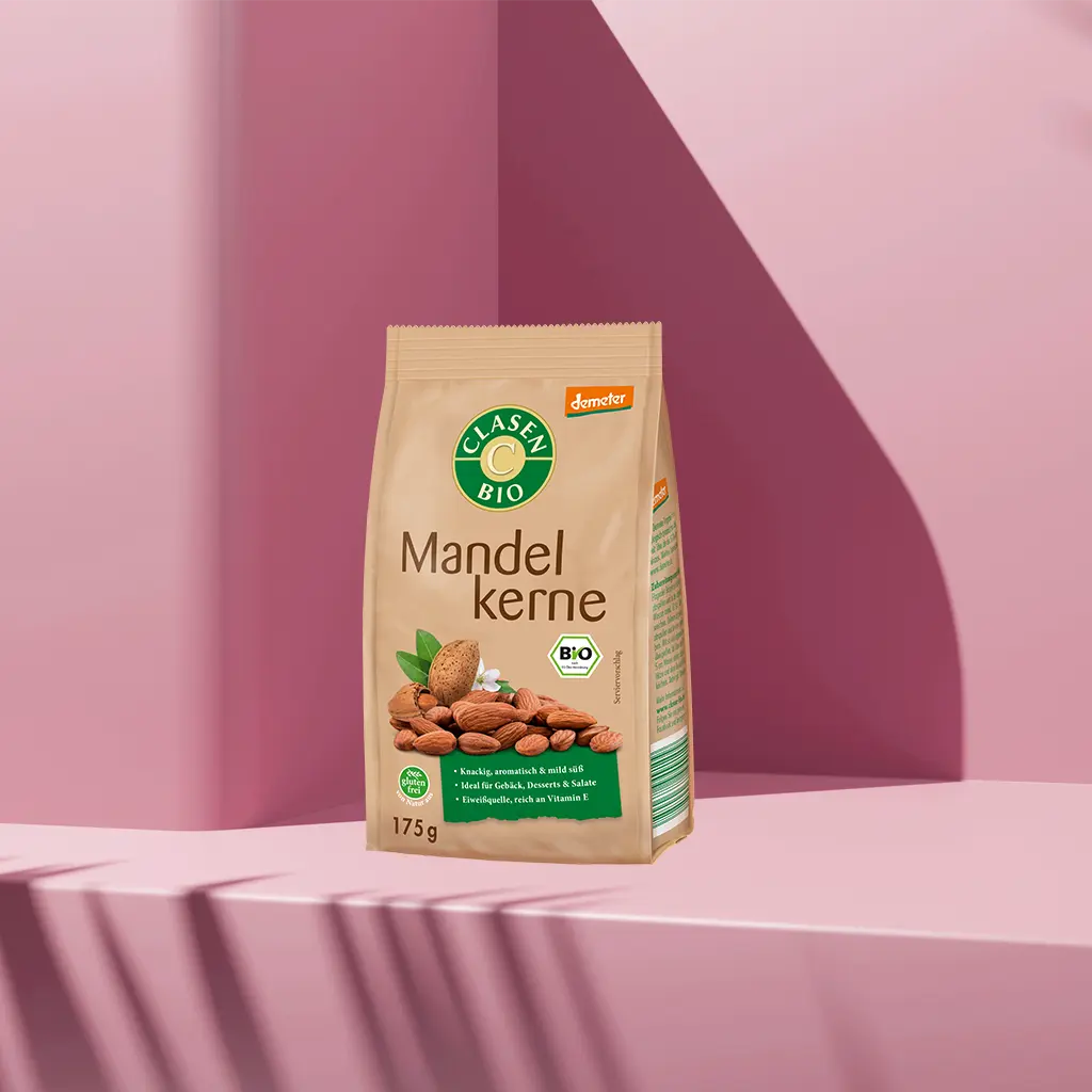 Verpackung Bio-Mandelkerne in Demeter Qualität 175 g von CLASEN BIO – Mandeln aus biodynamischem Anbau in Beutel
