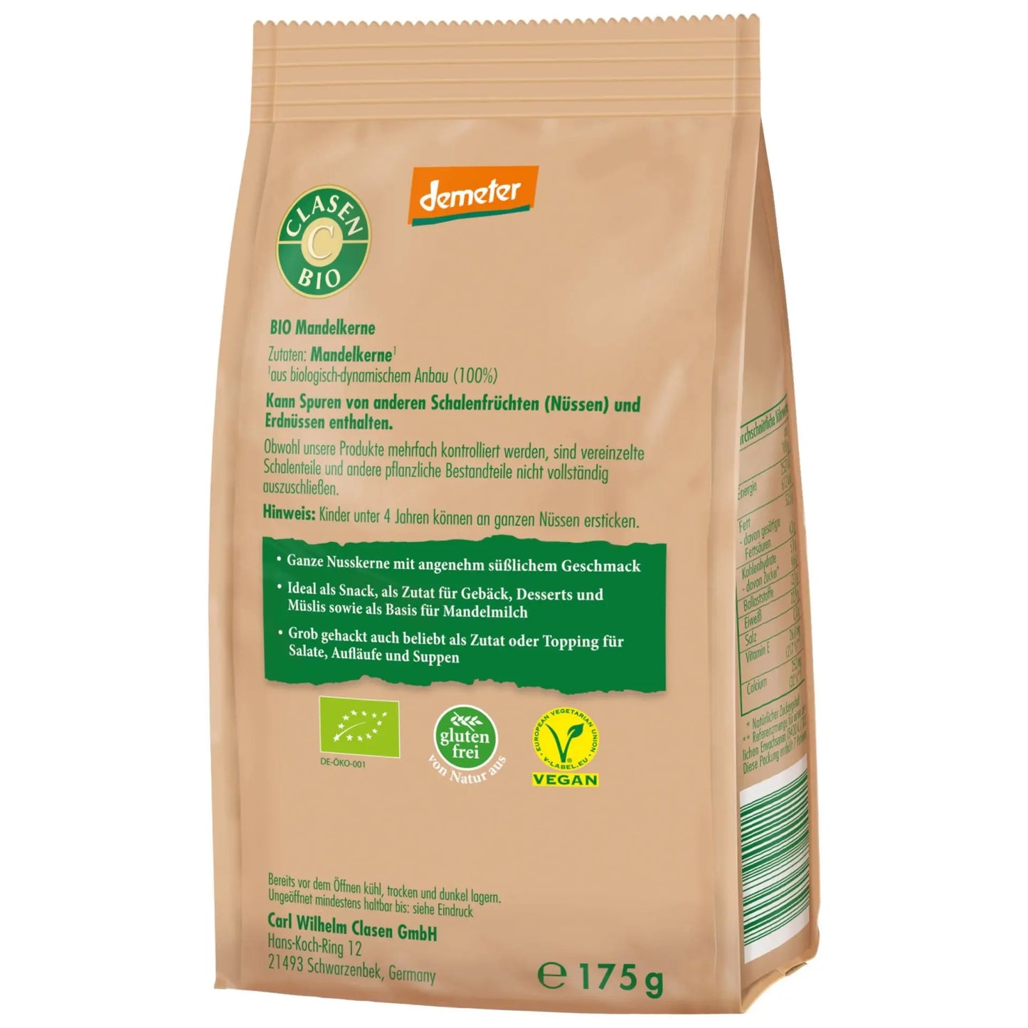 Rückseite der Verpackung Bio-Mandelkerne in Demeter Qualität 175 g von CLASEN BIO – mit Zutatenliste, Nährwertangaben und Produktinformationen