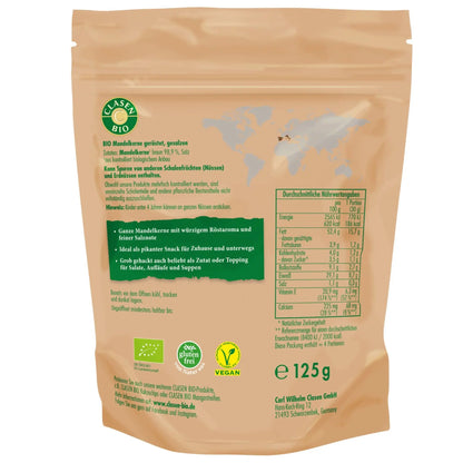 Rückseite der Verpackung Bio-Mandelkerne geröstet und gesalzen 125 g von CLASEN BIO – mit Zutatenliste, Nährwertangaben und Produktinformationen