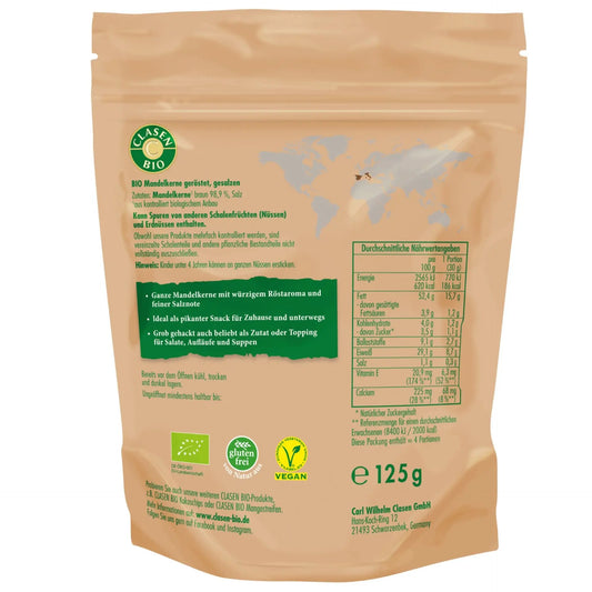 Rückseite der Verpackung Bio-Mandelkerne geröstet und gesalzen 125 g von CLASEN BIO – mit Zutatenliste, Nährwertangaben und Produktinformationen