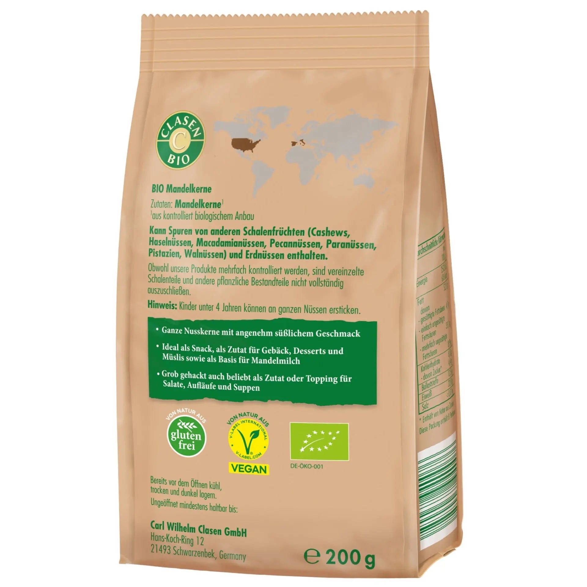 Rückseite der Verpackung Bio-Mandelkerne 200 g von CLASEN BIO – mit Zutatenliste, Nährwertangaben und Produktinformationen