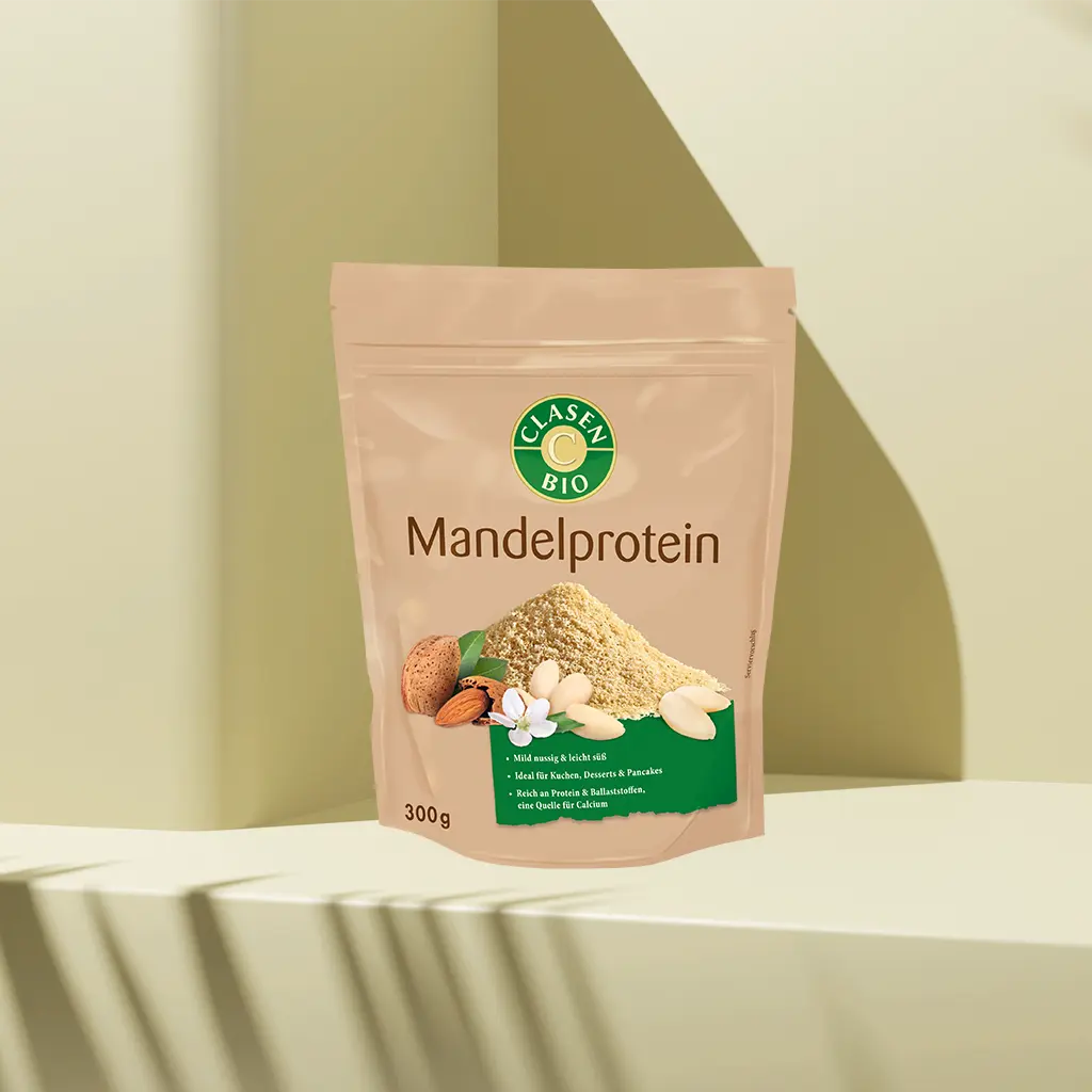 Verpackung -Mandelprotein 300 g von CLASEN BIO – fein-nussiges Proteinpulver aus teilentölten Mandeln in Beutel