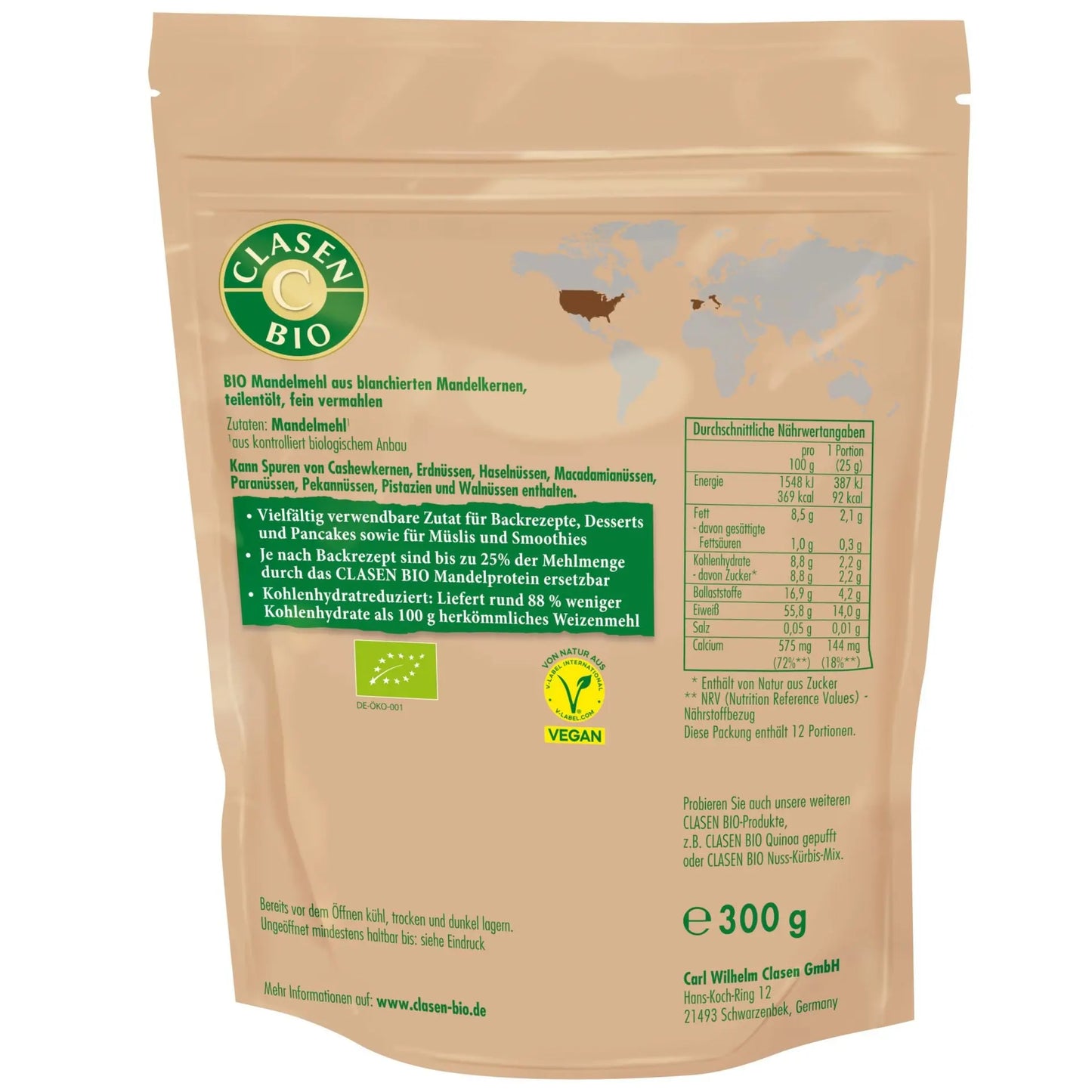 Rückseite der Verpackung Bio-Mandelprotein 300 g von CLASEN BIO – mit Zutatenliste, Nährwertangaben und Produktinformationen
