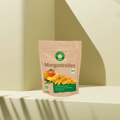 Verpackung Bio-Mangostreifen 150 g von CLASEN BIO – goldgelbe, aromatische Fruchtstreifen in Beutel