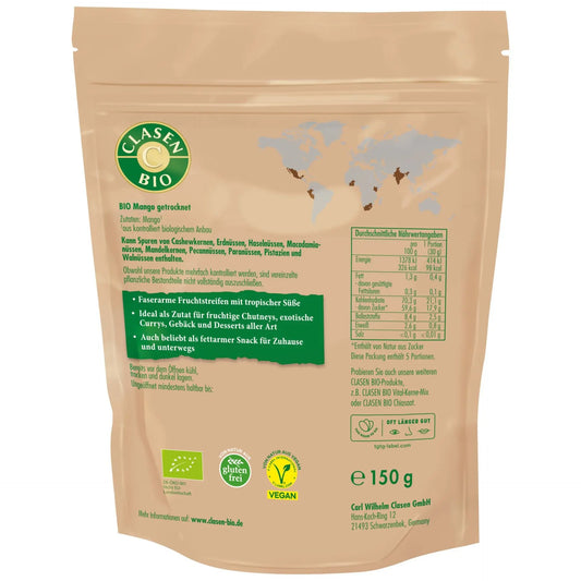 Rückseite der Verpackung Bio-Mangostreifen 150 g von CLASEN BIO – mit Zutatenliste, Nährwertangaben und Produktinformationen