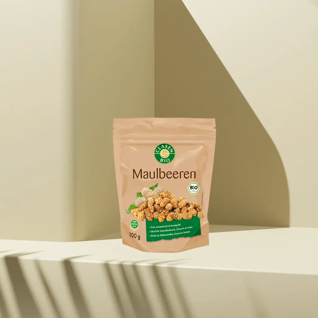 Verpackung Bio-Maulbeeren 100 g von CLASEN BIO – hellgoldene, mild-süße Trockenfrüchte in Beutel