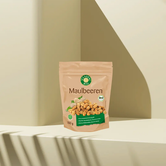 Verpackung Bio-Maulbeeren 100 g von CLASEN BIO – hellgoldene, mild-süße Trockenfrüchte in Beutel
