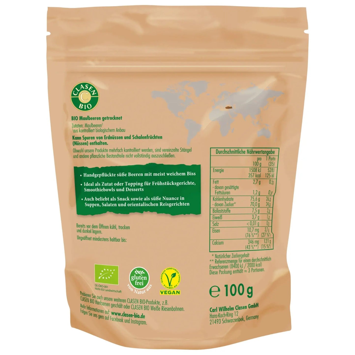 Rückseite der Verpackung Bio-Maulbeeren 100 g von CLASEN BIO – mit Zutatenliste, Nährwertangaben und Produktinformationen