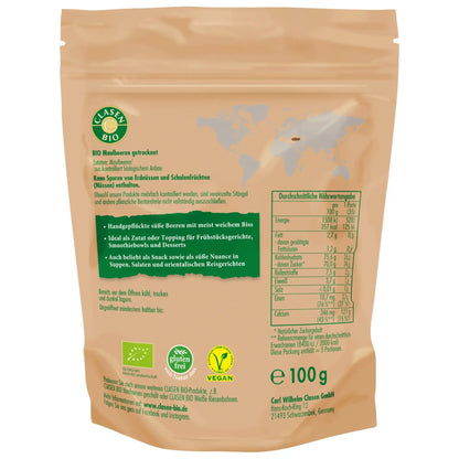 Rückseite der Verpackung Bio-Maulbeeren 100 g von CLASEN BIO – mit Zutatenliste, Nährwertangaben und Produktinformationen