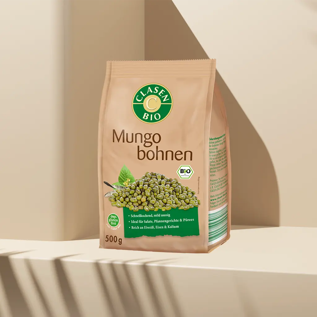 Verpackung Bio-Mungobohnen 500 g von CLASEN BIO – kleine, grüne Bohnen mit mildem Geschmack in Beutel