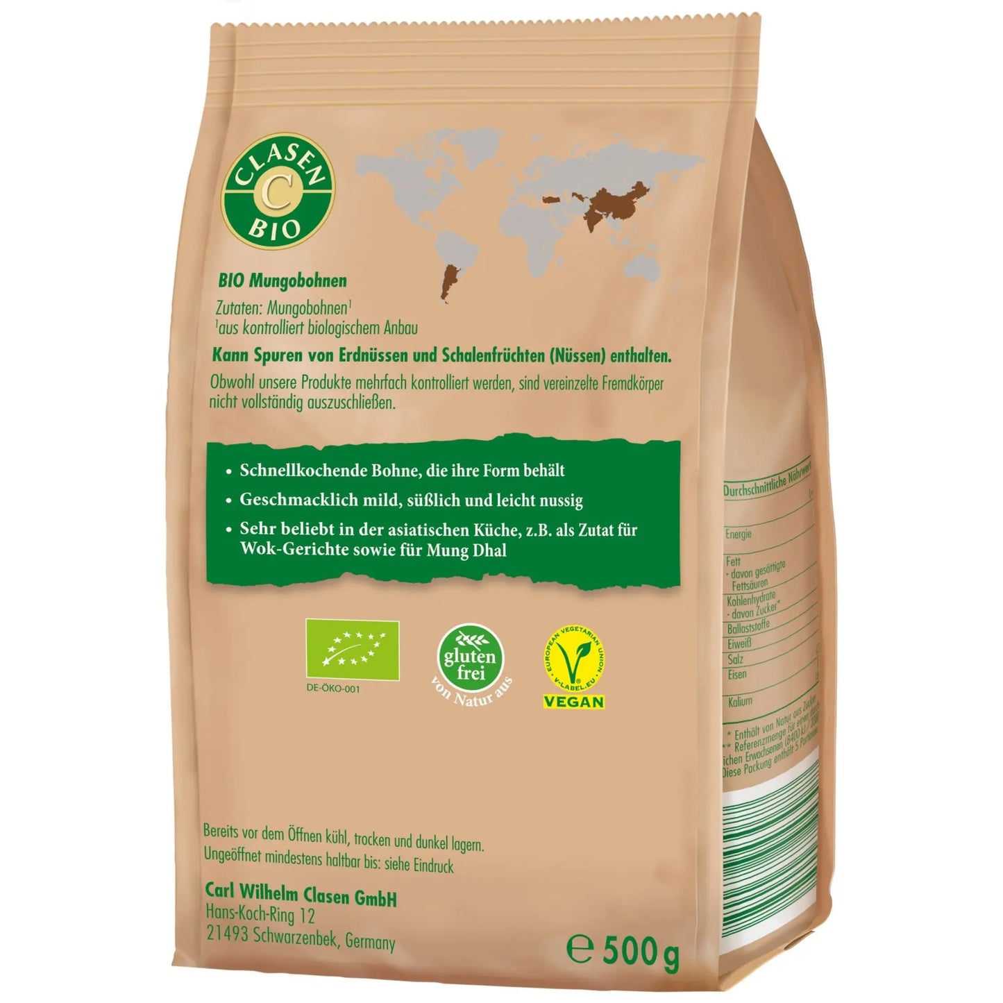 Rückseite der Verpackung Bio-Mungobohnen 500 g von CLASEN BIO – mit Zutatenliste, Nährwertangaben und Produktinformationen