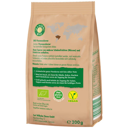 Rückseite der Verpackung Bio-Paranusskerne 200 g von CLASEN BIO – mit Zutatenliste, Nährwertangaben und Produktinformationen