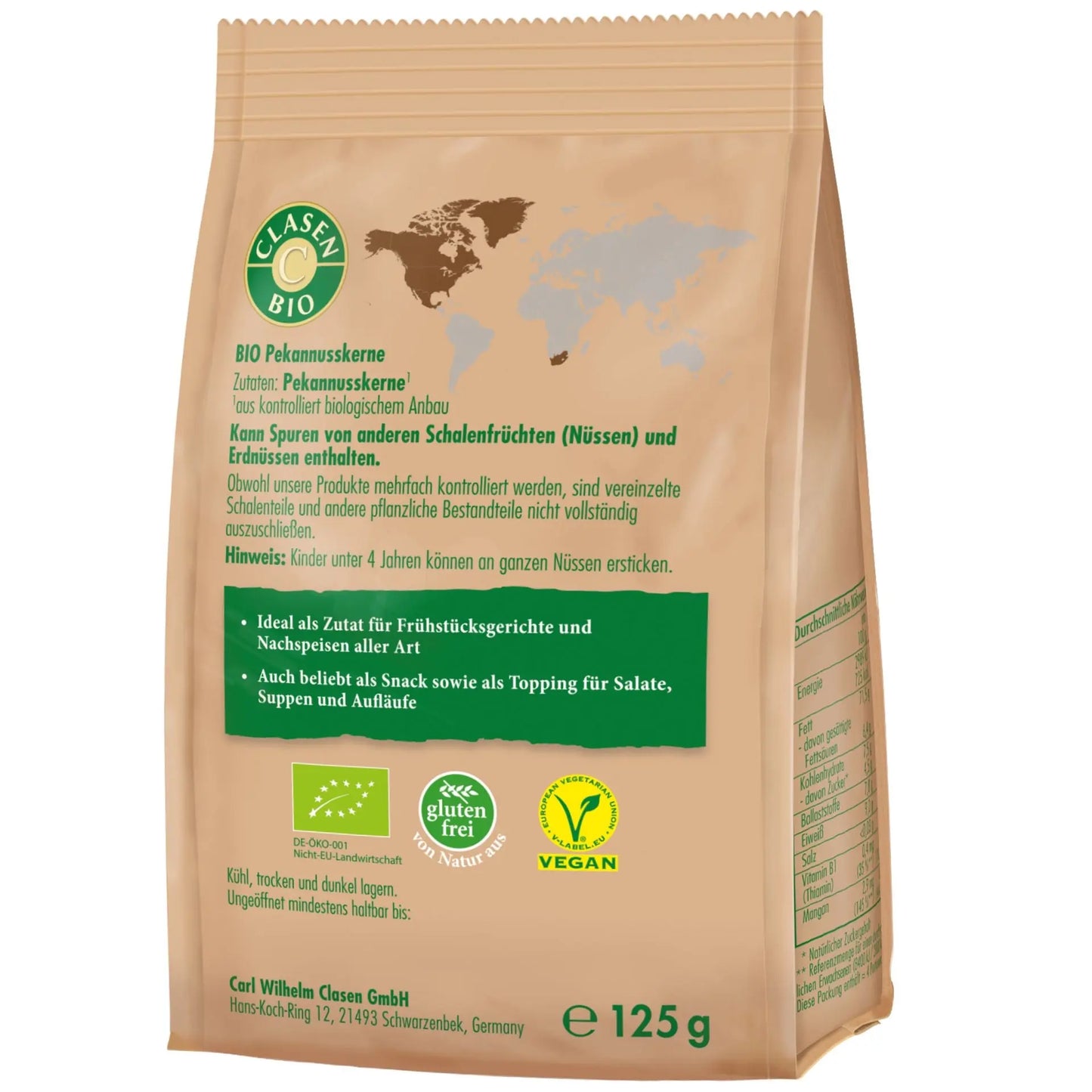 Rückseite der Verpackung Bio-Pekannusskerne 125 g von CLASEN BIO – mit Zutatenliste, Nährwertangaben und Produktinformationen