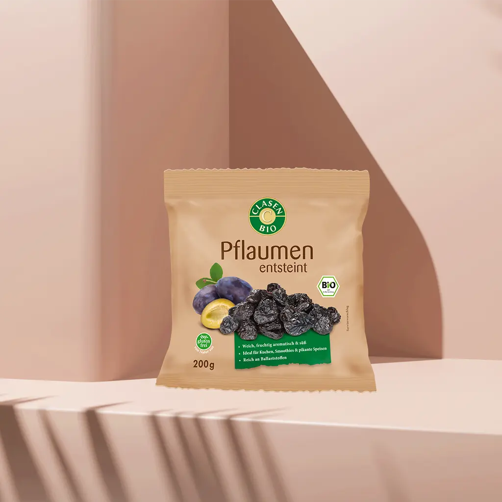 Verpackung Bio-Pflaumen 200 g von CLASEN BIO – weiche, dunkle Trockenpflaumen in Beutel